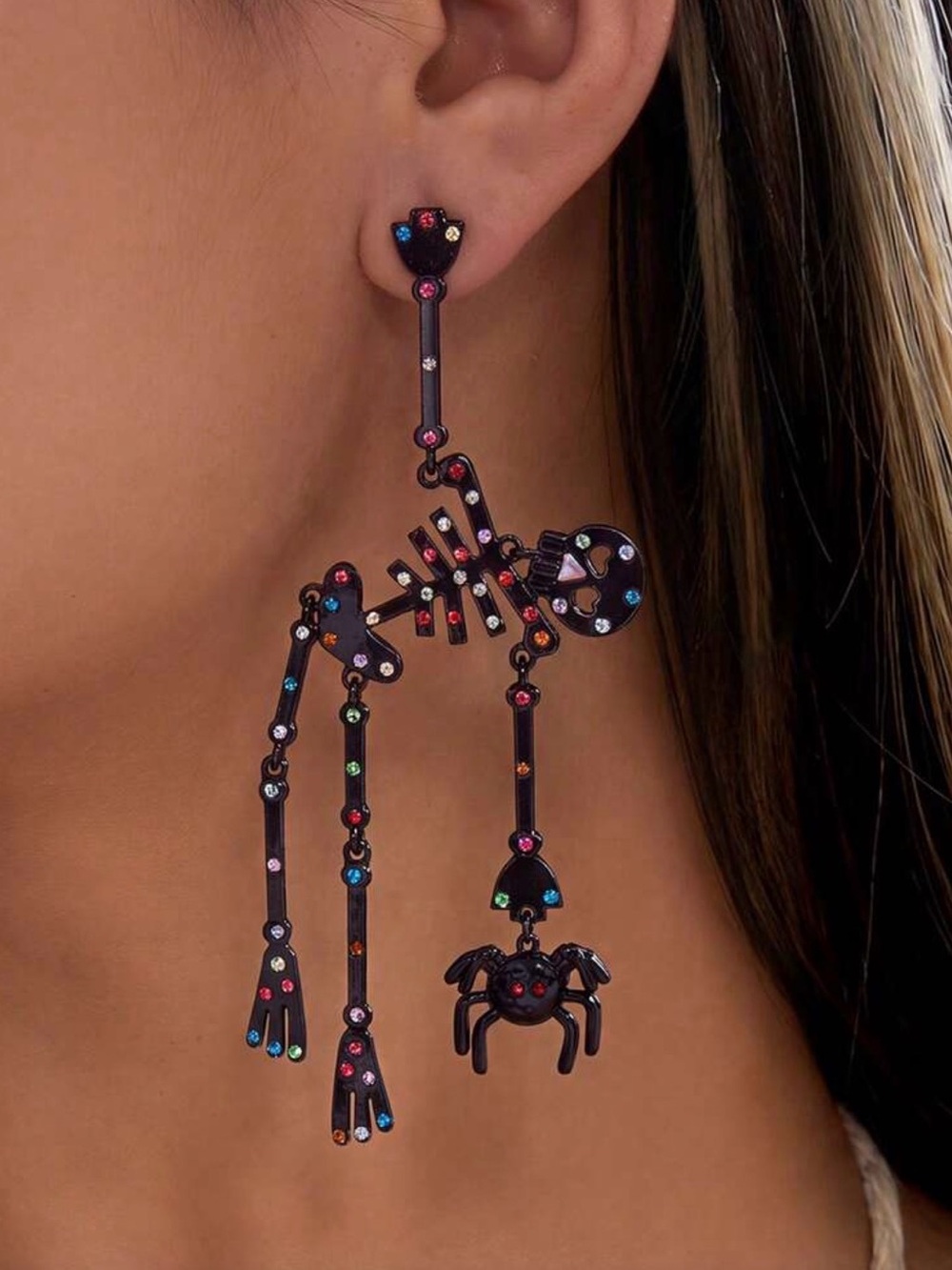 ☠️☠️☠️3 for12☠️☠️☠️ Multicolor Crystal Skeleton & Spider Drop Earrings